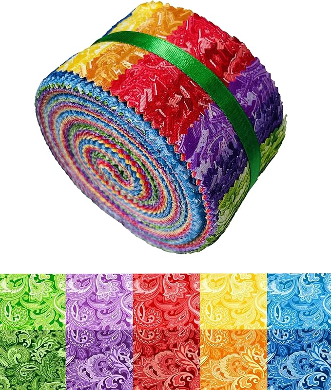 LUMANSUO Jelly Roll Fabric - 10 Assorted Solid Colors, 100% Cotton, 40 Pre-Cut Strips (2.5 x 44 Inch) Fabric for Quilting and Sewing,Paisley