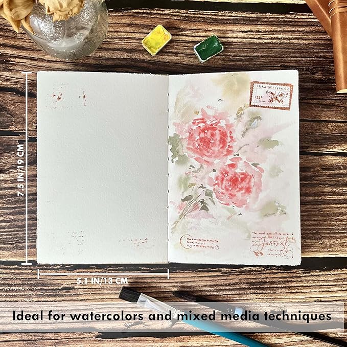 tumuarta Watercolor Sketchbook, 7.5x5, 140 LB, 300GSM, 100% Cotton Paper, Cold Press, 24 Sheets,48 Pages, Watercolor Journal for Use As Travel Sketch Book and Mixed Media Pad On The Go
