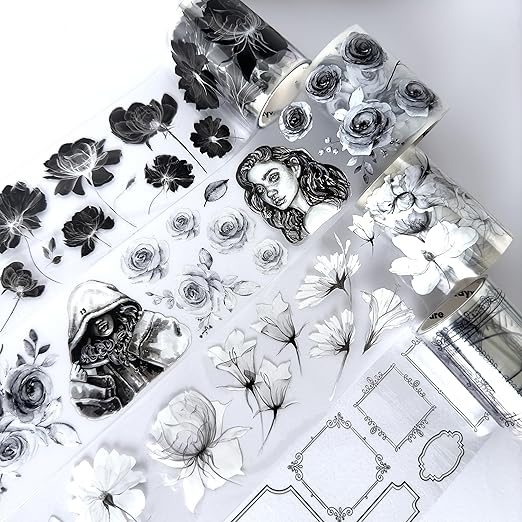 4 PET Tapes for Journaling and Scrapbooking - Black & White Junk Journal Supplies for DIY Arts & Crafts Projects