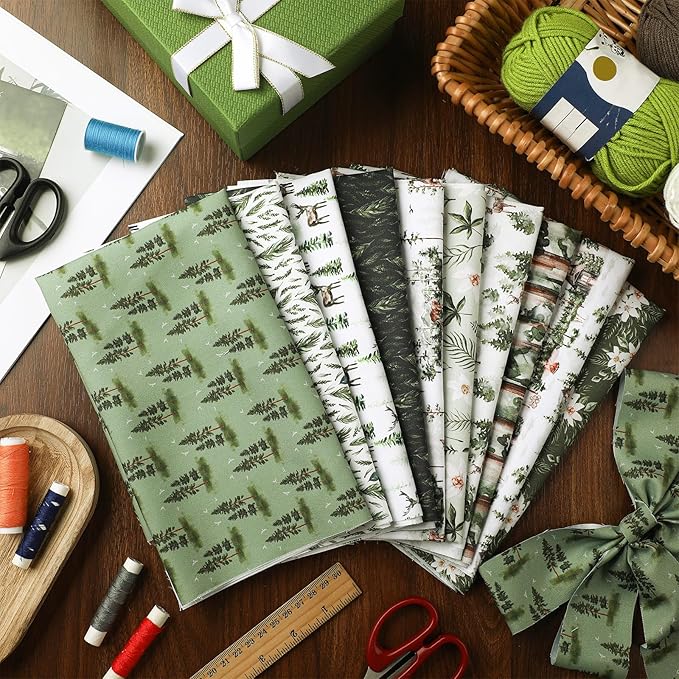 Hahafelt 10 Pcs Watercolor Forest Quilt Fabric Bundles 18 x 22 Inch Vintage Green Christmas Tree Flower Deer Fat Quarter Xmas Rustic Quilting Patchwork for DIY Handmade Sewing Crafting