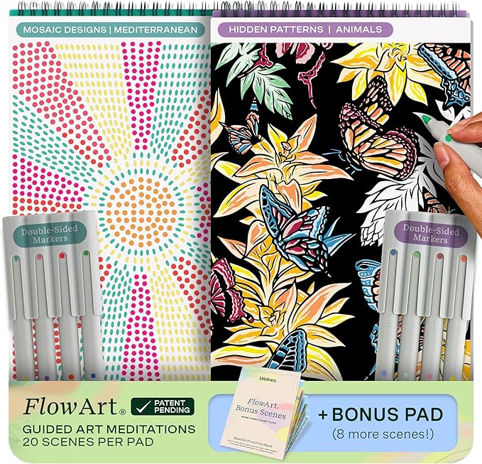 Lifelines FlowArt Activity Pad, 2-Pack & Bonus Pad - Guided Art Meditations with Markers - Mediterranean Mosaic Designs & Animal Hidden Patterns - Coloring Books for Tweens, Adults & Seniors