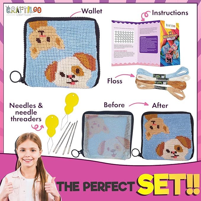 CRAFTILOO Pre Printed Needlepoint Wallet kit for Kids Embroidery Arts and Crafts Sewing Set Cross Stitch (Cat&Dog)
