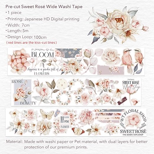 WT Pre-Cut Sweet Rosé Wide Washi Tape, Single Roll, Original Designs, Dreamy Rose Motifs & Subtle Handwritten Accents, Decorative Japanese Paper Tape for Journaling, Scrapbooking, Planner, DIY Crafts