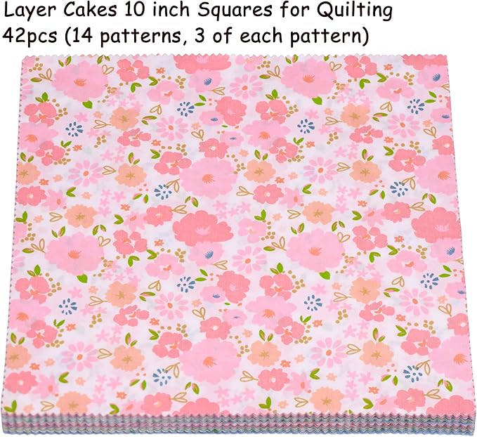 Hanjunzhao 42 Pcs Layer Cake Fabric for Quilting 10 inch - Layer Cakes 10 inch Squares for Quilting - Fabric Squares 10x10-10" Cotton Material for Sewing - Sweet Garden