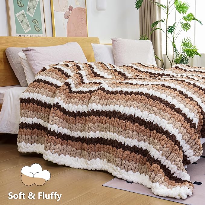 Chunky Yarn for Hand Knitting - #10 Chunky Chenille Yarn, Jumbo Big Thick Chunky Yarns for Crocheting, Super Bulky Chunky Knit Blanket Yarns, 8 Skein (25yd, 8oz/Skein), Khaki & Coffee