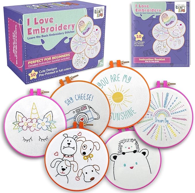 10 Pre-Stamped Embroidery Patterns for Beginners Embroidery Kit for Kids Girls Needlepoint Kits for Beginners Cross Stitch Craft Sewing Perfect for Ages 7-13