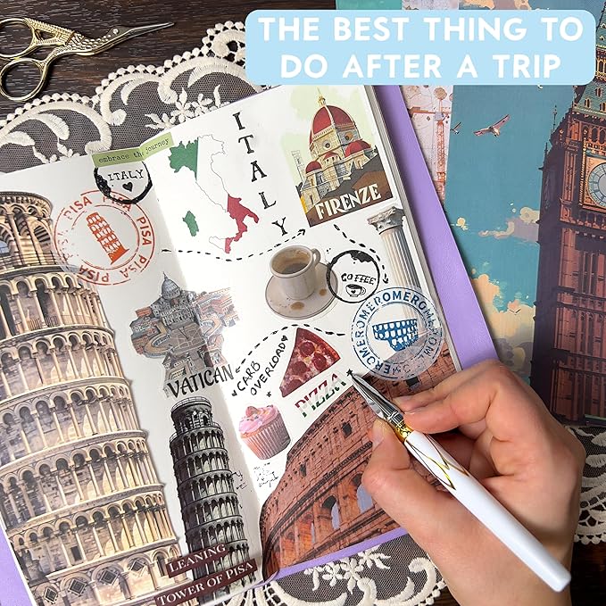 300+ Travel Stickers for Scrapbooking & 20 A5 Papers - Pre-Cut Washi Stickers for Journaling, Vintage Travel Scrapbooking Supplies, Junk Journals Stickers