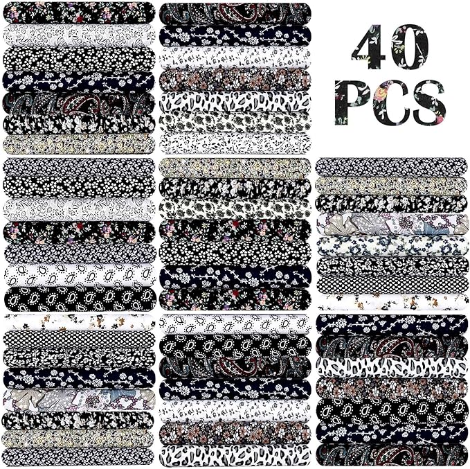 Ganeen 40 Pcs 20" x 20" Cotton Fabric DIY Making Supplies Quilting Patchwork Fabric Cotton Printed Craft Fat Quarter Bundles DIY for Quilting Patchwork Cushions(Black)