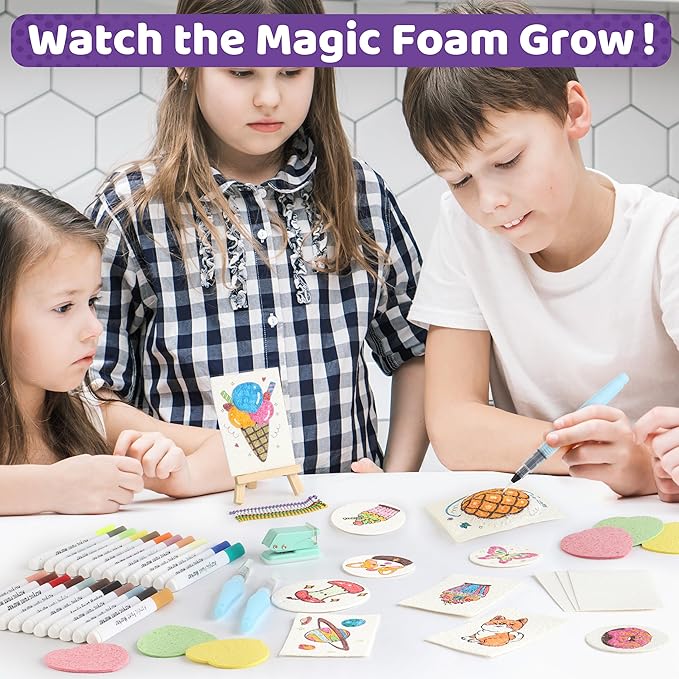 70PCS Magic Foam Texture Painting Kit, Magic Puffy Paint Kit with 30 Foam Texture Paper, 24 Colors Acrylic Paint Markers, Hole Punch Mini Display Stand, 3D Painting Craft Gift for Birthday, Christmas