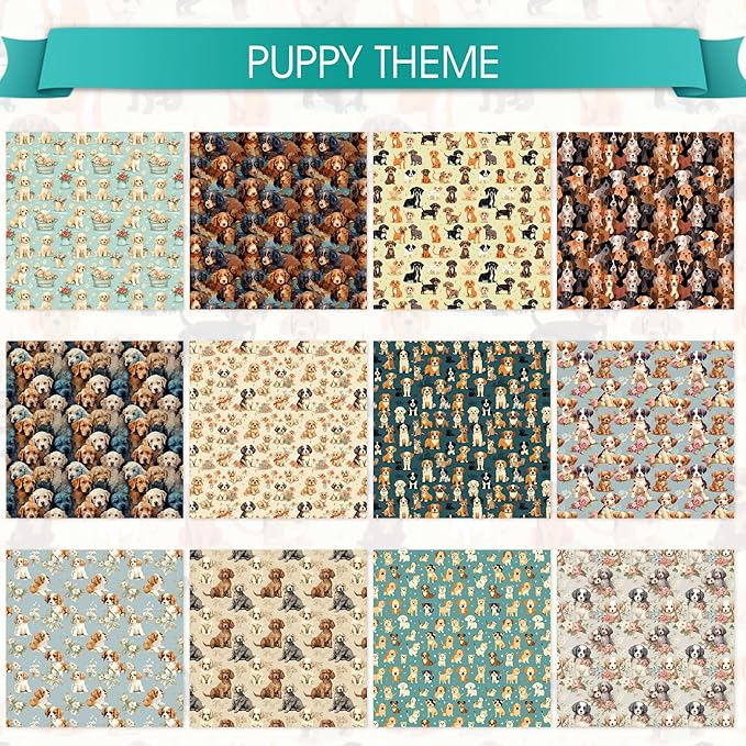 24 Sheet Puppy Scrapbook Craft Paper, Vintage Animal Scrapbook Paper Pad, 6"×6” DIY Decorative Craft, Junk Journal Gift Card Making Supplies
