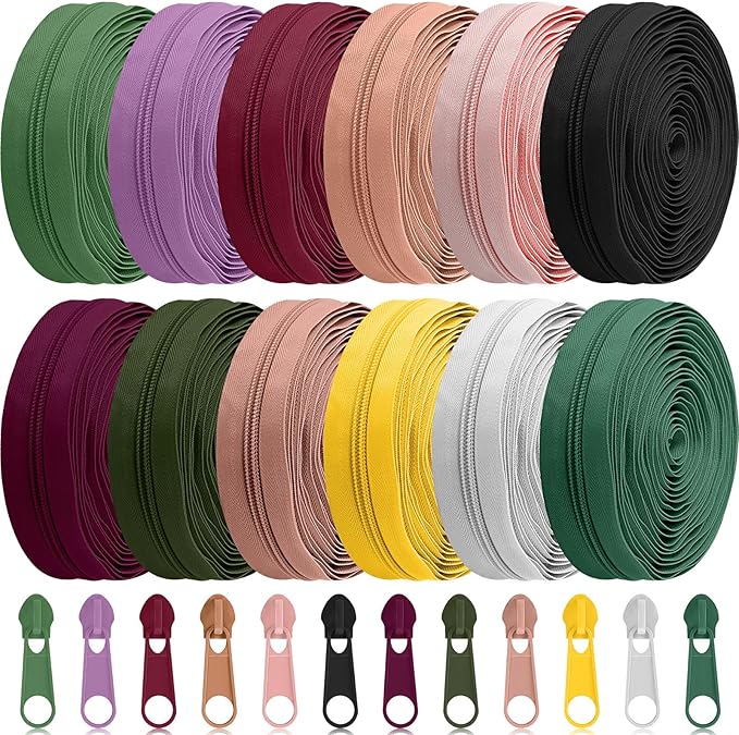 Syhood 36 Yards 12 Pieces #5 Sewing Zippers Tapes Assorted Nylon Lightweight with 120 Plastic Zipper Sliders for Women Men Sewing Supplies(Vintage Color)