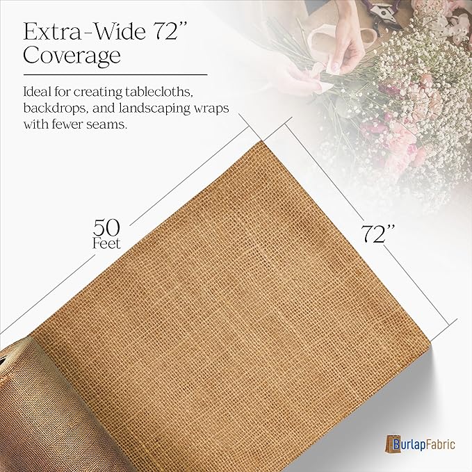 72" Wide 50 Feet Burlap Roll - 10oz Durable Jute Fabric for Crafts - Natural Burlap Fabric Roll for Gardening, Home Decor, Plants, Farmhouse Decor, Rustic Aisle Runners, Tree Covering & More