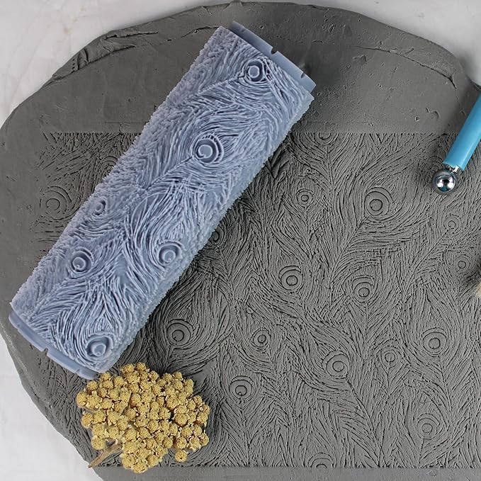 Peacock Feathers Clay Texture Roller (4") - Seamless Set #02 - Embossing Pattern Roller for Polymer & Ceramic Clay, Pottery & Crafts