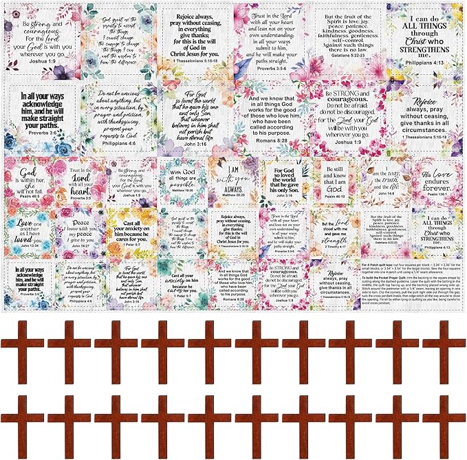 Pocket Prayer Quilt Panel Squares with Small Wooden Crosses Mini Scripture Pocket Prayer Quilt for Friend Family Religious Spiritual Gift Easter Reward Gift(Flower,Brown)