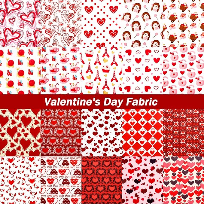 Breling 20 Pcs Valentine‘s Day Fabric Bundles Red Pink Heart Love Printed Fabric Fat Quarters Quilting Patchwork Heart Fabric for DIY Valentine Party Sewing Craft Decor, 20 Styles, 10 x 10 Inch