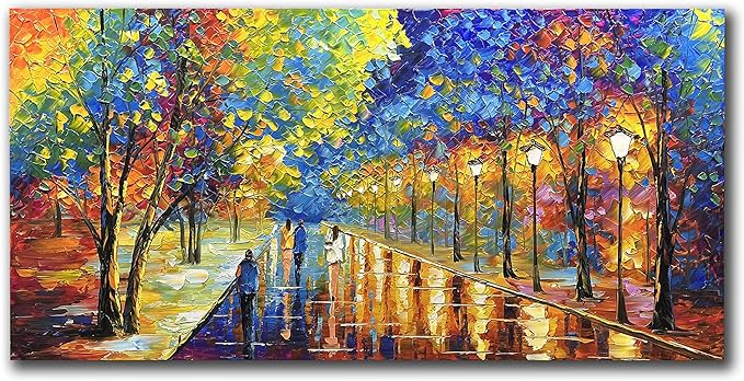Tyed Art- 24X48 Inch Oil Paintings on Canvas Art 100% Hand-Painted Contemporary Artwork Abstract Artwork Night Rainy Street Wall Art livingroom Bedroom Dinning Room Decorative Pictures Home Decor