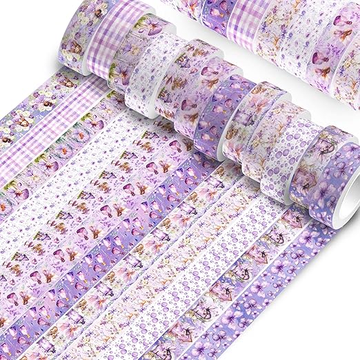 12 Rolls of Fairy Washi Tape, Purple Decorative Tape Masking Tape for Note Taking Supplies, Scrapbooking, DIY Crafts, Gift Wrap for Birthday Wedding Baby Shower Party Supplies