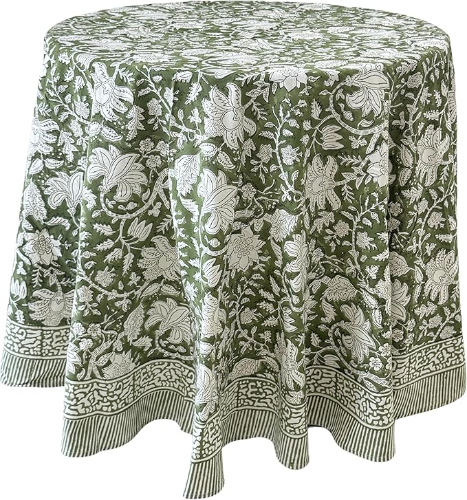 ATOSII Noori Green 100% Cotton Round Tablecloth, Handblock Print Floral Table Cloth for Kitchen Dining Linen I Parties, Weddings, Outdoors I Summer Home Decor 90" Inches Round