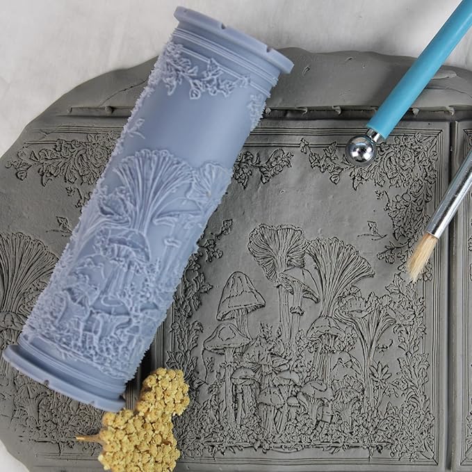 Wild Mushrooms Clay Texture Roller (4") - Forest Set #01 - Embossing Pattern Roller for Polymer & Ceramic Clay, Pottery & Crafts
