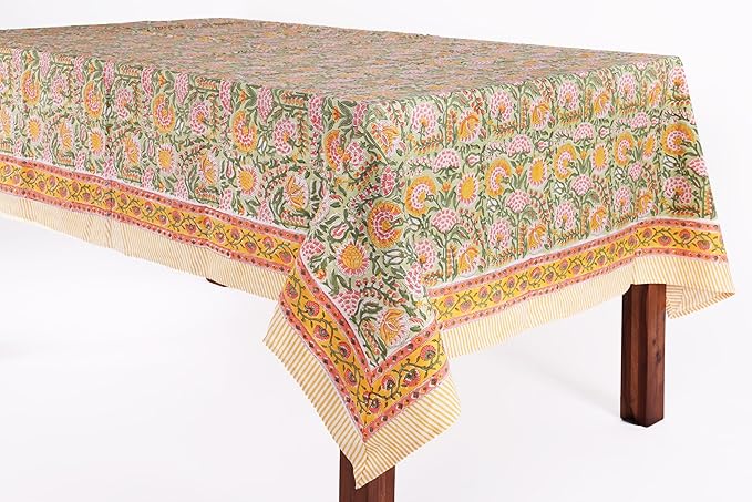 ATOSII Clover Green 100% Cotton Rectangle Fall Tablecloth, Handblock Floral Print Linen Table Cloth for Kitchen Dining I Parties, Weddings, Outdoors, Easter I Home Decor 60 X 60 Inches I 4 Seater