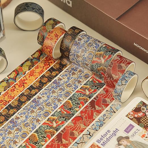 12 Rolls Kyoto Charm Washi Tape Set Japanese Arts Adhesive Tapes Geometric Garden Decorative Masking Tape Sets for Craft, Kids, Scrapbook, DIY, Gift Wrapping (Floral Bird)