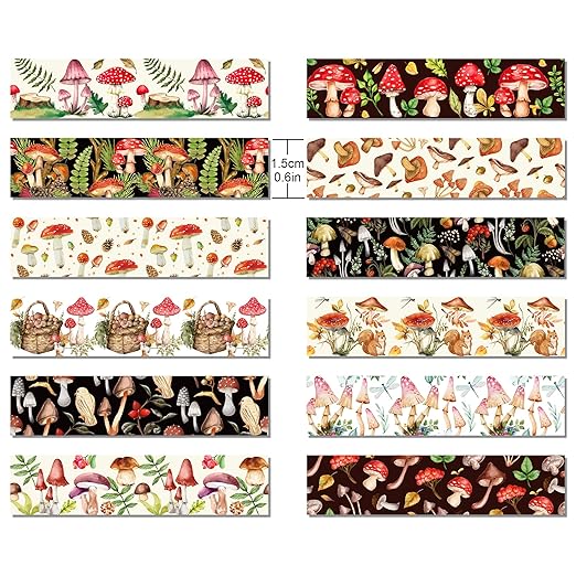 12 Pcs Mushroom Washi Tape White and Black Halloween Masking Tape Ghosts Pumpkins Bats Pattern Decorative Paper Sticker for Halloween Party Holiday Scrapbook DIY Craft Gift Wrapping Handbook Sticker