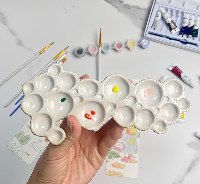 Ceramic Paint Palette - Portable Watercolor Trays for Artists | Easy-Clean Porcelain Mixing Palette with Thumb Stopper Unique Bubble Shape Design for Adult Kids and Travel Use