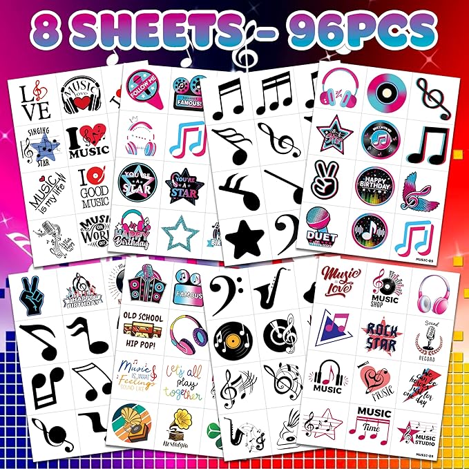 (96PCS) Music Note Notes Musical Motivational Pre-Cut Temporary Tattoos for Kids Birthday Themed Party Supplies Decorations Favors Super Cute Instrument Stickers Tattoo Gifts for Boys Girls Rewards