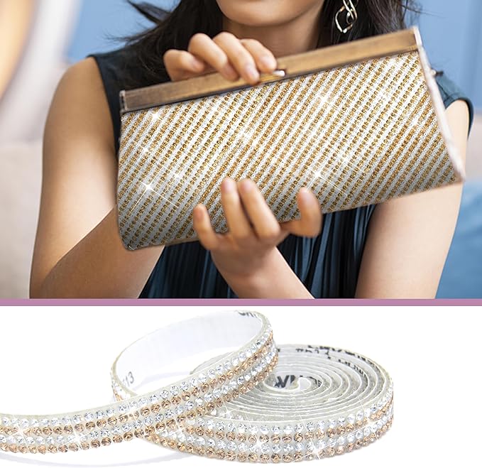 4 Rolls Rhinestone Tape Self Adhesive Crystal Ribbon Diamond Bling Strips with 2 mm Glitter Sticker for Arts Crafts Wedding Birthday Party DIY Event Car Phone Decoration (Silver+Gold)