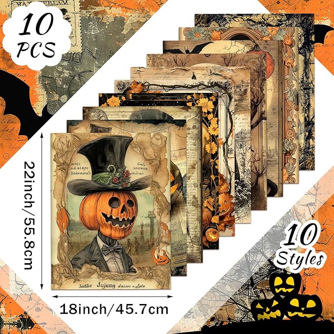Hahafelt 10 Pcs 18 x 22 Inch Vintage Halloween Quilting Fabric Square Spooky Gothic Quilted Fabric Bundle Fat Quarters Pumpkin Skull Cat Owl Precut Patchwork Supplies for Holiday DIY Sewing Craft