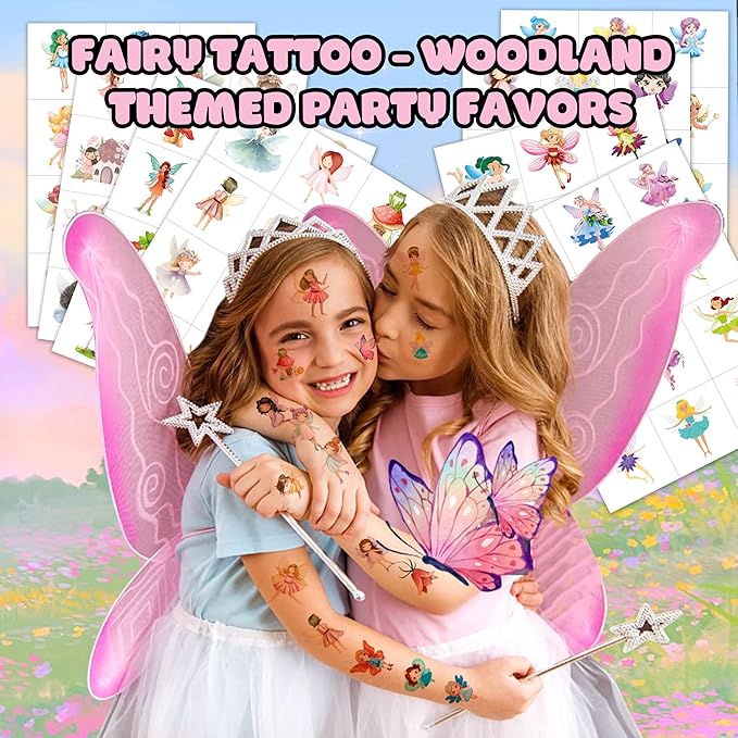 96PCS Fairy Temporary Tattoos Pre-Cut for Kids, Woodland Fairy Theme Birthday Party Favors Supplies, Cute Magical Stickers for Girls, Party Decorations, Classroom Gifts, Prizes and Rewards (Normal)