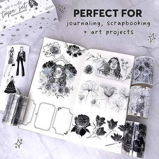 4 PET Tapes for Journaling and Scrapbooking - Black & White Junk Journal Supplies for DIY Arts & Crafts Projects