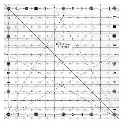The Quilted Bear Quilting Rulers - Transparent Acrylic Non Slip Quilting, Patchwork & Sewing Ruler with Clear Black Lines & 30, 45 & 60 Degree Angles for Perfect Accuracy & Precision (12.5" x 12.5")