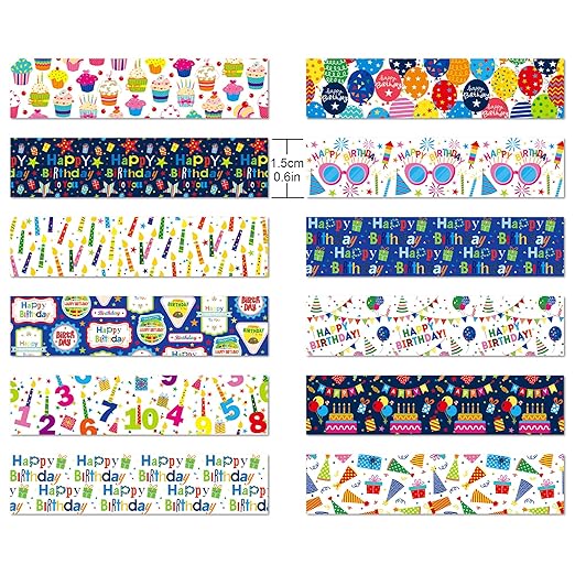12 Roll Happy Birthday Washi Tape Set - 16.4Ft Each, Colorful Cake & Candle Designs for Gift Wrapping, Scrapbooking, Party Decor DIY Crafts (196Ft Total)