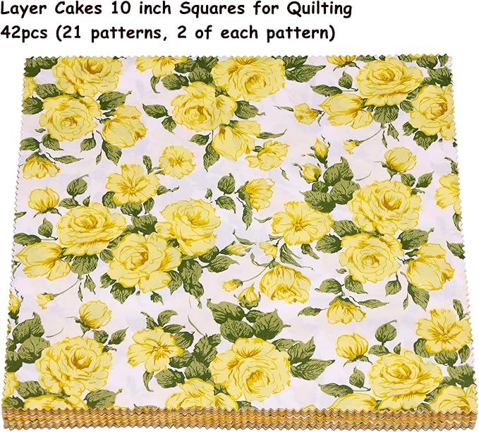 Hanjunzhao 42Pcs 10" Layer Cake Fabric - Layer Cakes 10 inch Squares for Quilting - Polka Dots Striped Star Solid Floral Print Cotton Fabric Squares 10x10 for Sewing, Quilts, and Crafts (Yellow)