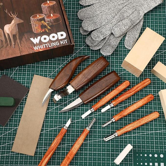AUGSUN Wood Carving Kit, 17 Pack Wood Whittling Kit Hand Carving Knife Tools Set for DIY Sculpture Carpenter Experts & Beginners