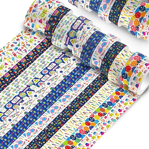 12 Roll Happy Birthday Washi Tape Set - 16.4Ft Each, Colorful Cake & Candle Designs for Gift Wrapping, Scrapbooking, Party Decor DIY Crafts (196Ft Total)