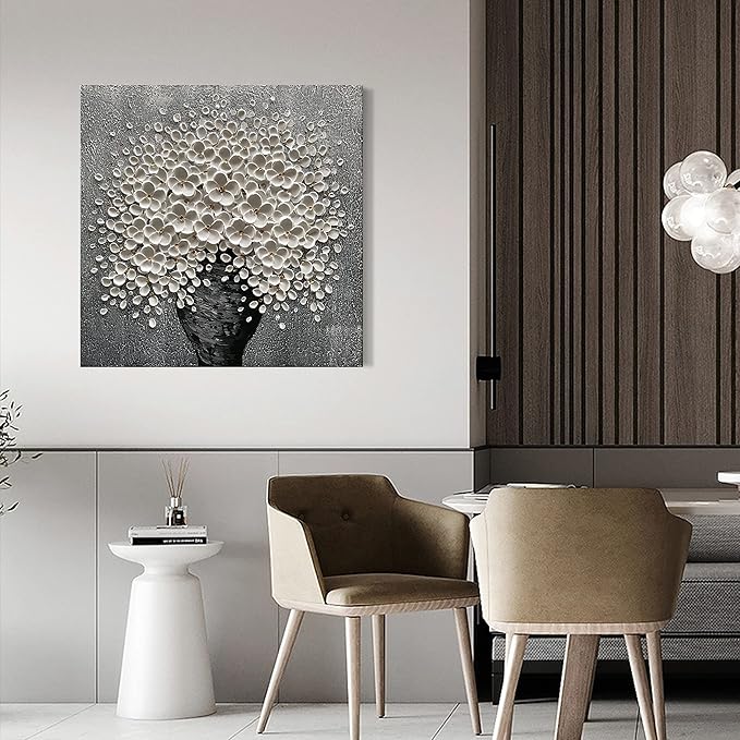 100% Hand-Painted White Flower Art Oil Painting, Modern Home Furnishing Canvas Painting Decoration, 3D Abstract Mural Painting,24x24 inch Frame Wall Art Hanging