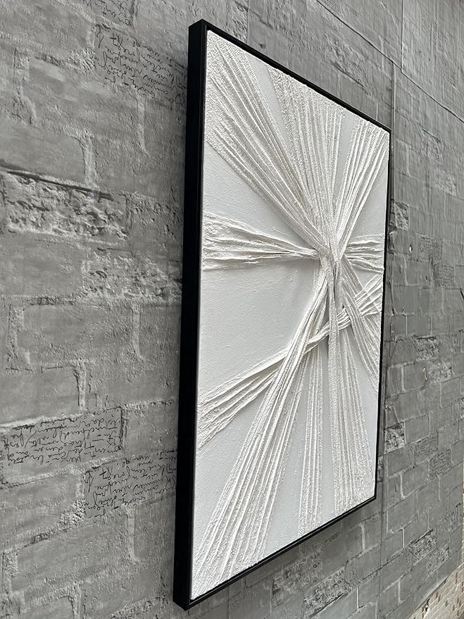 NANKAI Art Hand-Painted Thick Texture White Oil Painting Modern Abstract Art 36x24 inch Home Wall Art Decorative Painting (with Solid Wood Exterior Frame)