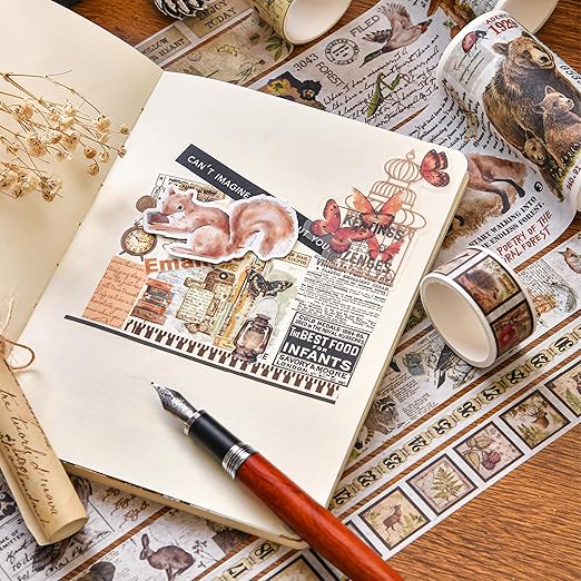 18 Rolls Vintage Washi Tape Pack Retro Arts Adhesive Tapes Wide Monologue Decorative Masking Tape Sets for Craft, Kids, Scrapbook, DIY, Gift Wrapping (Misty Forests)