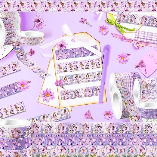 12 Rolls of Fairy Washi Tape, Purple Decorative Tape Masking Tape for Note Taking Supplies, Scrapbooking, DIY Crafts, Gift Wrap for Birthday Wedding Baby Shower Party Supplies