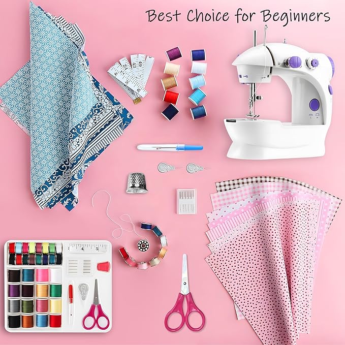 Mini Sewing Machine for Beginners-Maquina de Coser, Easy Automatic Sewing Machine with Extension Table, Household Electric Portable Sewing Tool with Sewing Kit, Small, for All Age, Kids or Adults