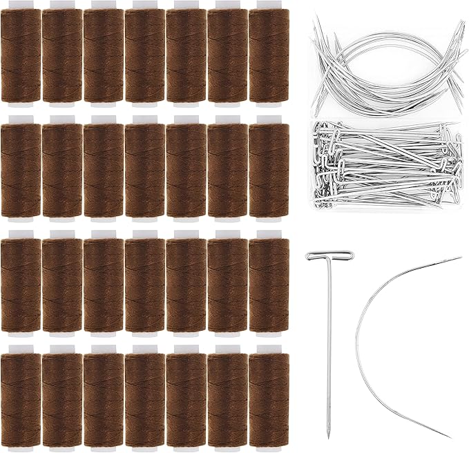 Mandala Crafts Weave Needle and Thread for Extensions – 24 Rolls of Brown Weaving Thread for Hair Sew in with 70 T Pins & Curved Needles for Wig Making and Hair Weft