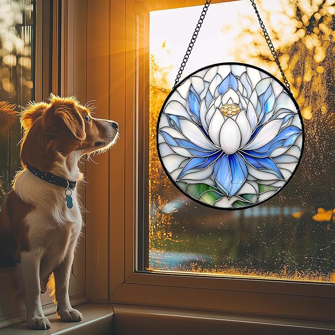 Stained Glass Window Hanging - Blue and White Lotus Petal Suncatcher for Doors Window Home Sun Catchers Decor Christmas Mother's Day July Birthday Gifts for Teacher Women Men Mom Nana 11.8 in