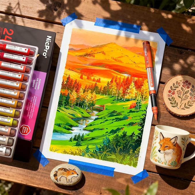 Nicpro 24 Colors Acrylic Paint Markers Brush Tip, Water-Based No-Bleed Paint Markers with Automatic Ink Control, Waterproof Acrylic Paint Pens for DIY Art & Crafts - Rock, Wood, Glass, Ceramic, Fabric