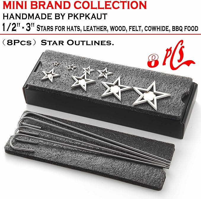 8Pcs Mini 1/2"-3" Branding Irons, Star Outlines Custom Wood Branding Iron Personalized for Wood Working, Leather Hats, Felt, Cowhide, BBQ Brander & Bread Logo, Steak Branding Iron for Food