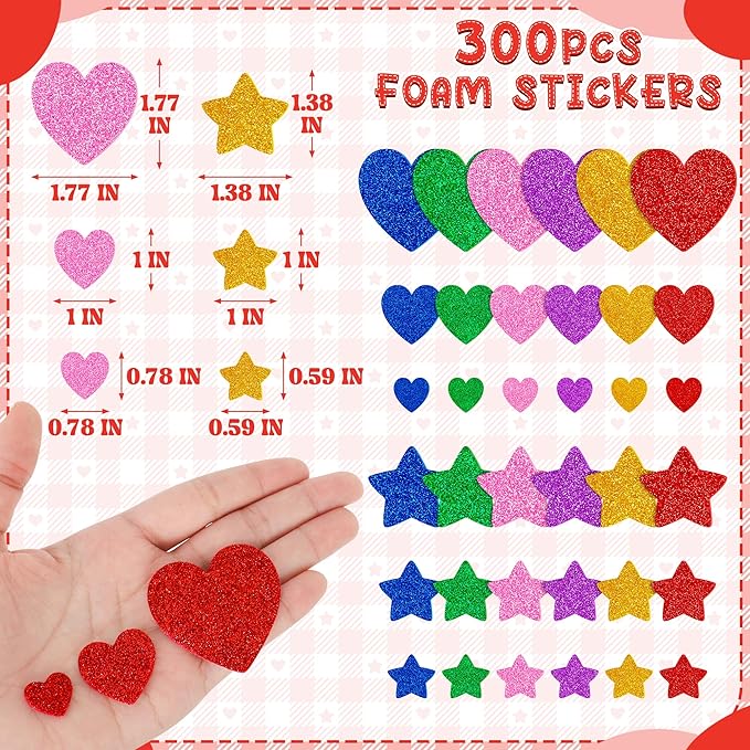 300 PCS Glitter Heart Stickers, Colorful Self Adhesive Foam Star Heart Stickers, Arts Craft Mini Star Bulk for Valentine Crafts DIY Greeting Card Envelopes Scrapbooking