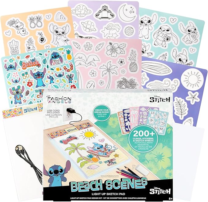 Fashion Angels Disney Stitch Beach Scenes Light Up Sketchpad, Design Kit with Illuminated Tracing Pad, 5 Reusable Vinyl Clings & More, for Kids Ages 8+