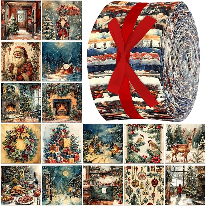Ganeen 100 Pcs Vintage Christmas Quilting Fabric Roll 2.56 x 20.08 Inch Santa Reindeer Fabric Jelly Square Patchwork Nutcracker Cardinal Precut Strip Bundle for Winter Xmas Craft DIY Sewing Material