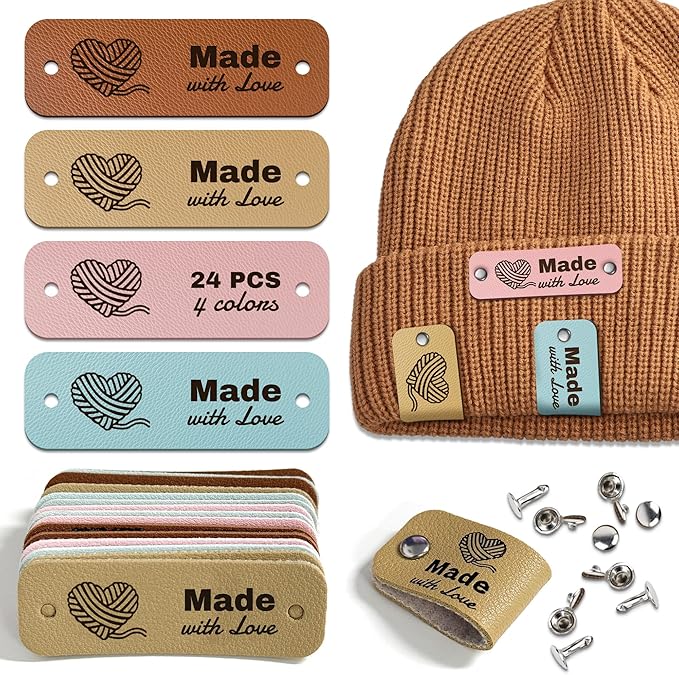 24pcs Crochet Tags for Handmade Items Made with Love Leather Tags for Crochet Items, Knitting Accessories with Rivets, Suitable for Scarves Hats Gloves, Gifts for Crocheters (Layout D)